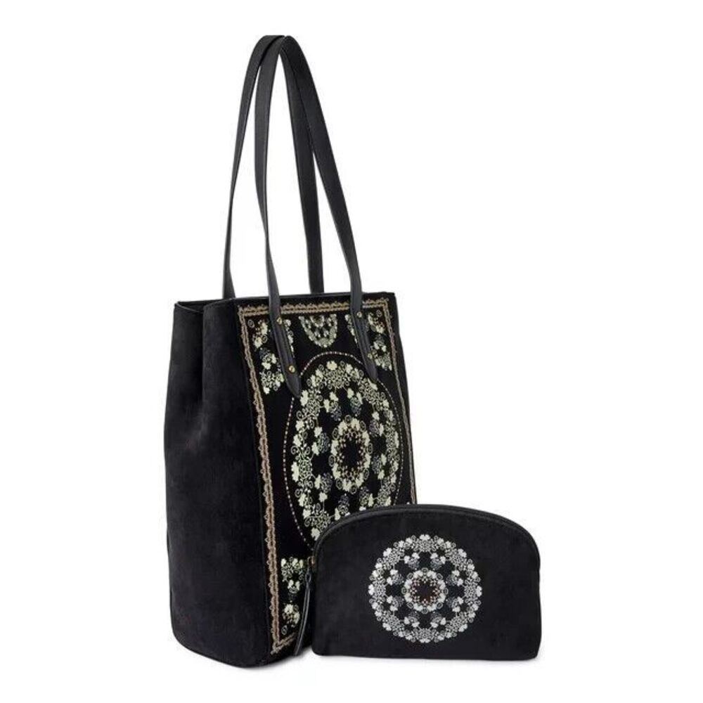 Pioneer Woman Tote Handbag Printed Black Faux Suede 5.71''Wx12.99''Lx12.6"H New